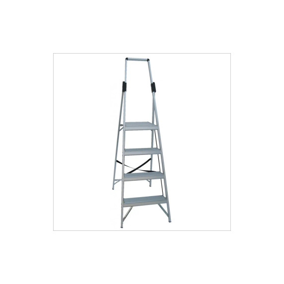 Aluminium slimline ladder with four steps and a handrail.