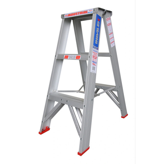 Indalex 0.9m double-sided aluminium step ladder with three steps.