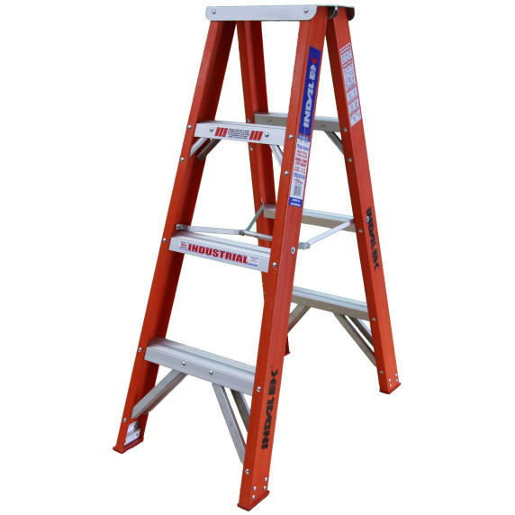 Indalex 1.2m fibreglass double-sided step ladder with four steps.