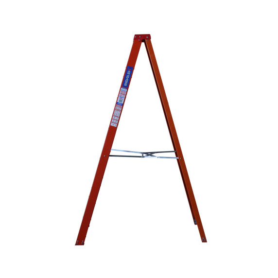 Single-sided fibreglass step ladder standing upright.