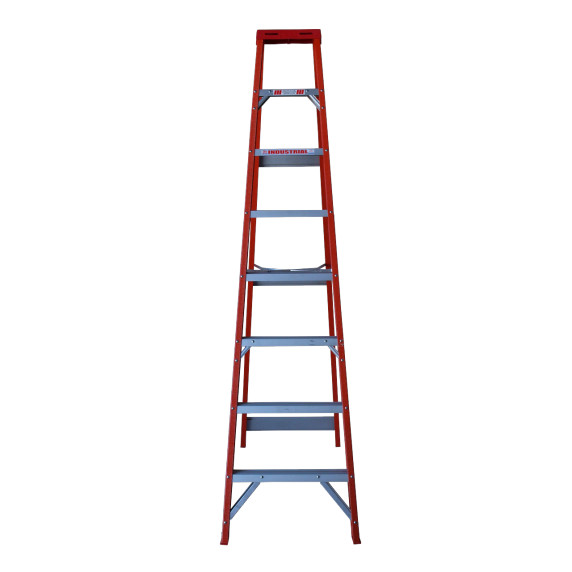 Close-up of the top of a red fibreglass ladder.
