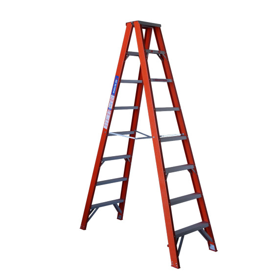 Double sided fibreglass step ladder viewed from the side.