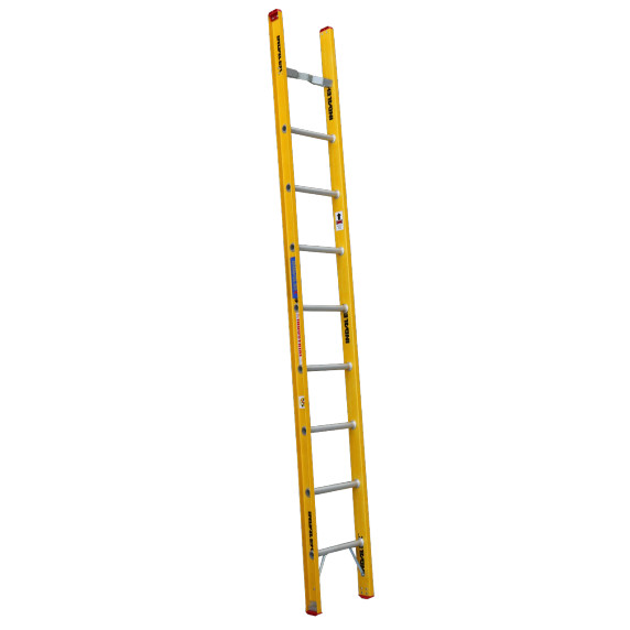 Indalex 3.0M fibreglass single ladder with aluminium rungs and components.