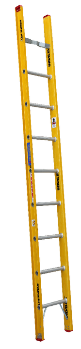 Indalex 4.3M fibreglass single ladder with aluminium steps.