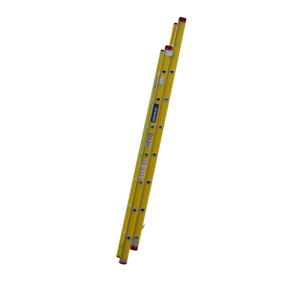 Fibreglass extension ladder folded, featuring a yellow frame.