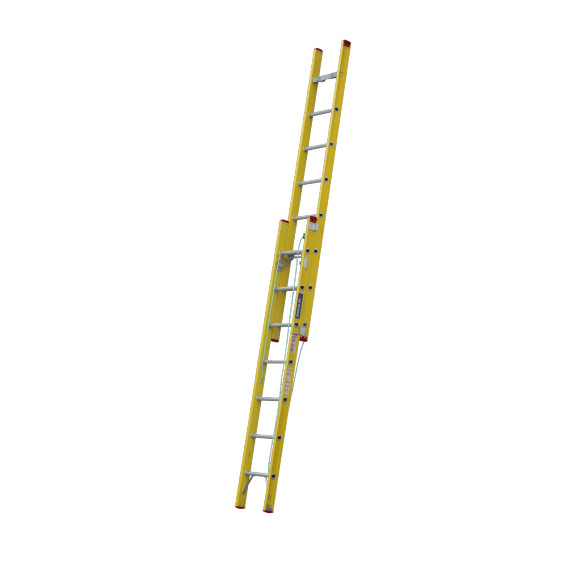 Indalex fibreglass extension ladder, extends from 2.8m to 4.3m, yellow.