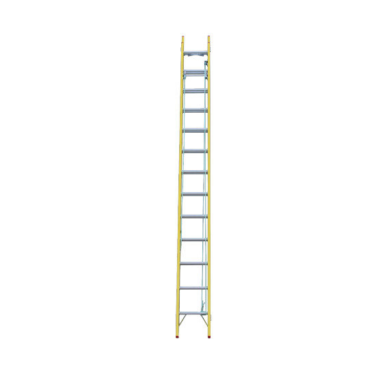Fibreglass extension ladder with a height range of 4.3 to 7.3 metres.