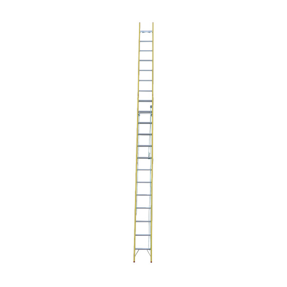 Fibreglass extension ladder with a height range of 4.3 to 7.3 metres.