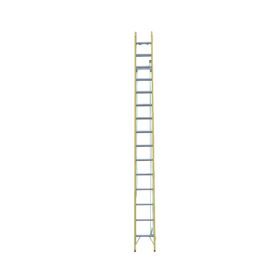 Fibreglass extension ladder, yellow, extends from 4.9M to 8.2M.