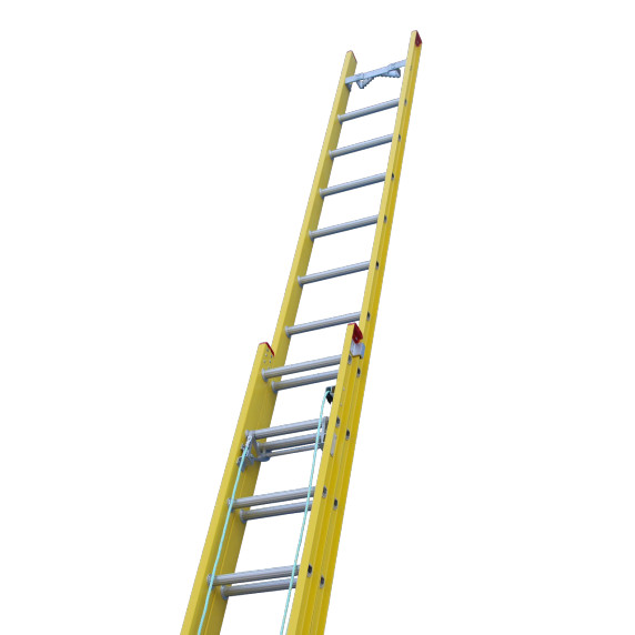 Fibreglass extension ladder with multiple rungs, extending 4.9M to 8.2M.