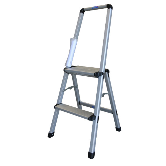 Lightweight aluminium single-sided step ladder with a handrail.