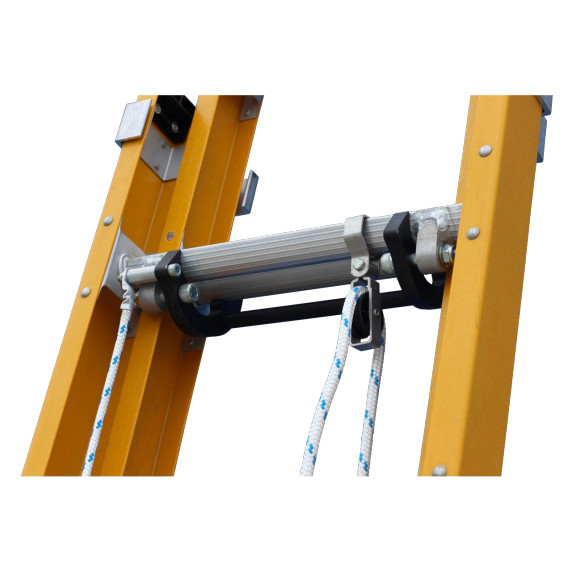 Close-up of the pulley system and ropes on an Indalex fibreglass ladder.