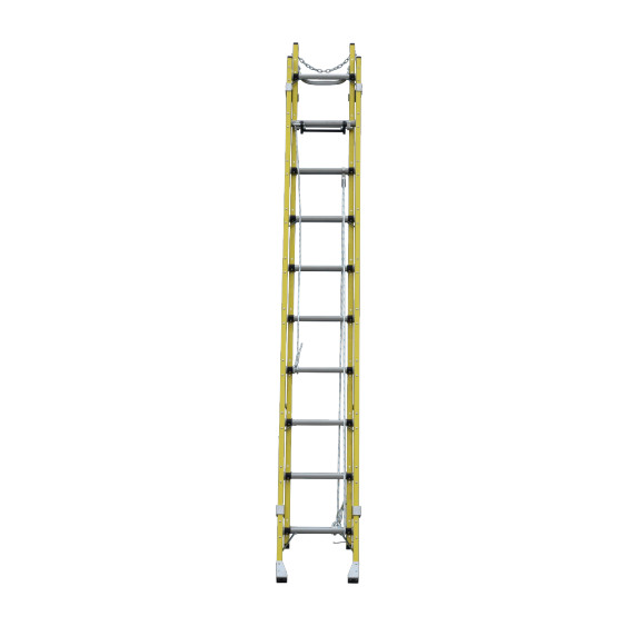 Fibreglass extension ladder with dual side ropes, 5.2m high.