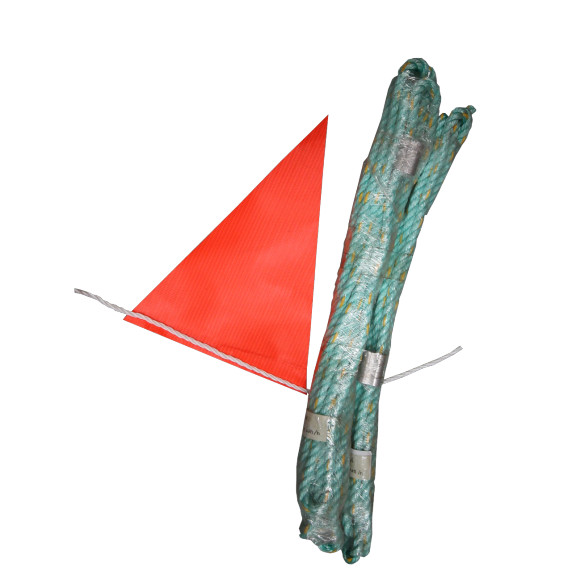 Red triangular flag beside two lengths of tied green rope.
