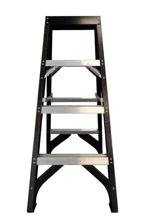 Fibreglass double-sided step ladder with three wide treads on each side.