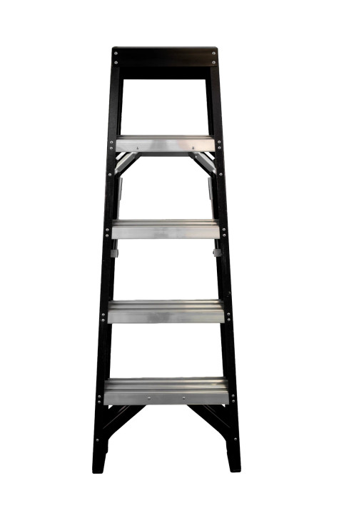 Fibreglass twin step ladder with nine steps and 180kg capacity.