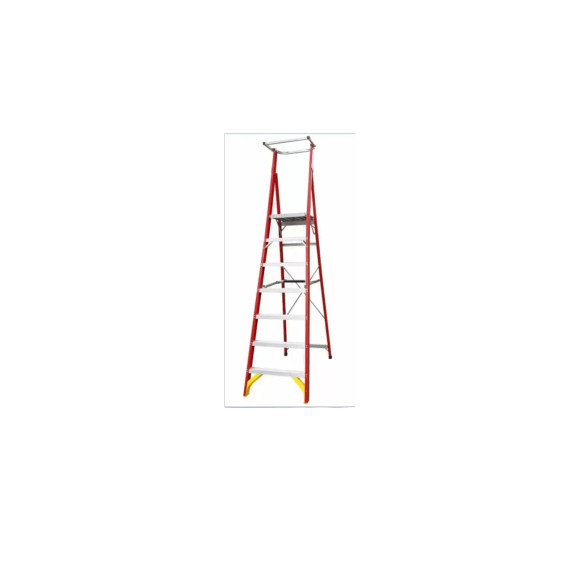 Fibreglass single-sided step ladder with 9 steps and tool storage.