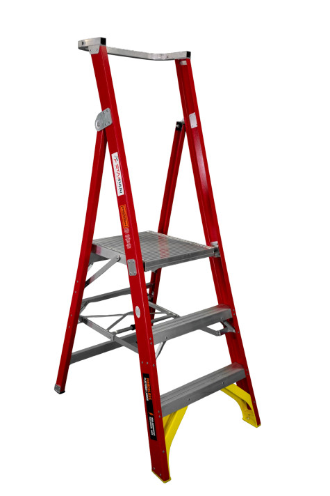 Red and yellow Staruiju fiberglass platform stepladder with three steps.