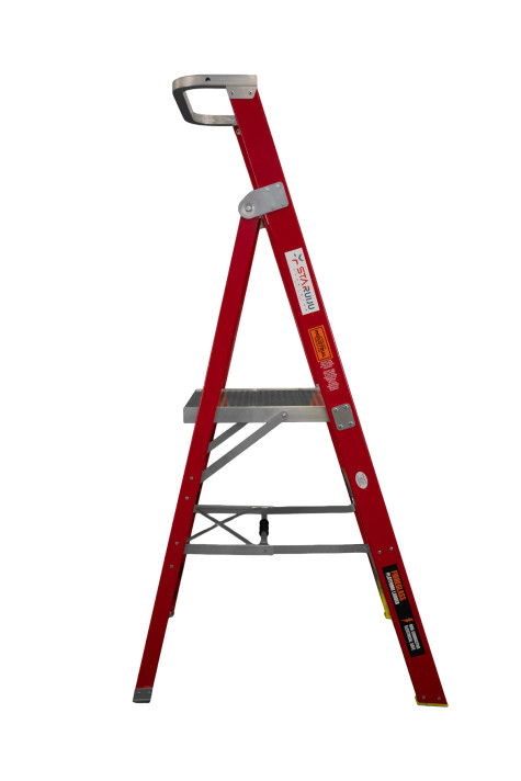 Red fibreglass stepladder with three steps and a safety handle.