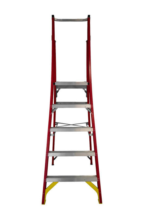 Front view of a red Staruiju fiberglass stepladder with five steps.