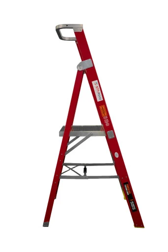 Red fiberglass stepladder with seven steps and a handrail.