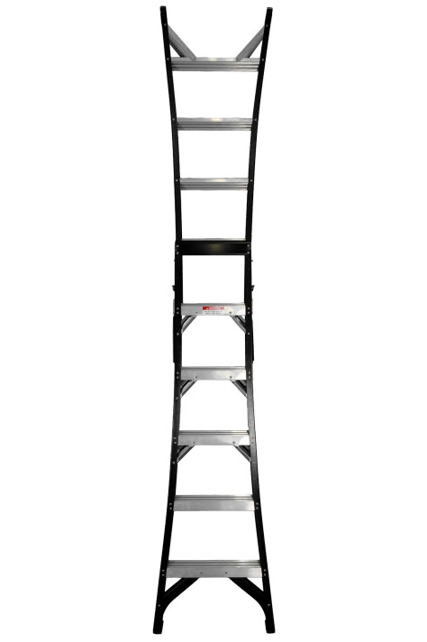 Fibreglass dual ladder with eight steps, rated for 180kg capacity.