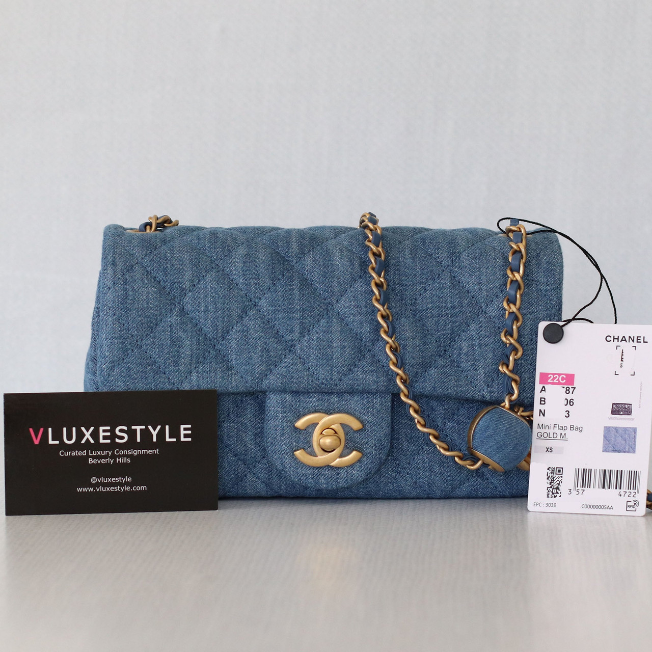 Chanel Pearl Crush Mini Rectangular 22C Denim with adjustable