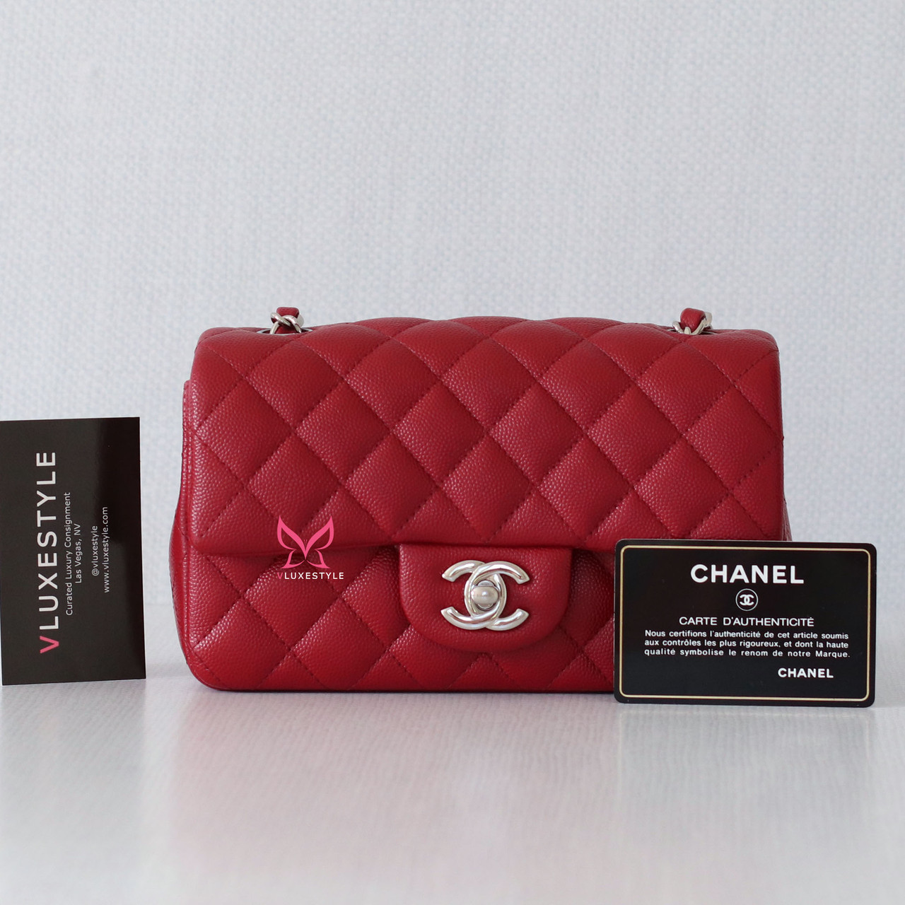 Chanel Classic Mini Rectangular Flap 17B Red Caviar with silver