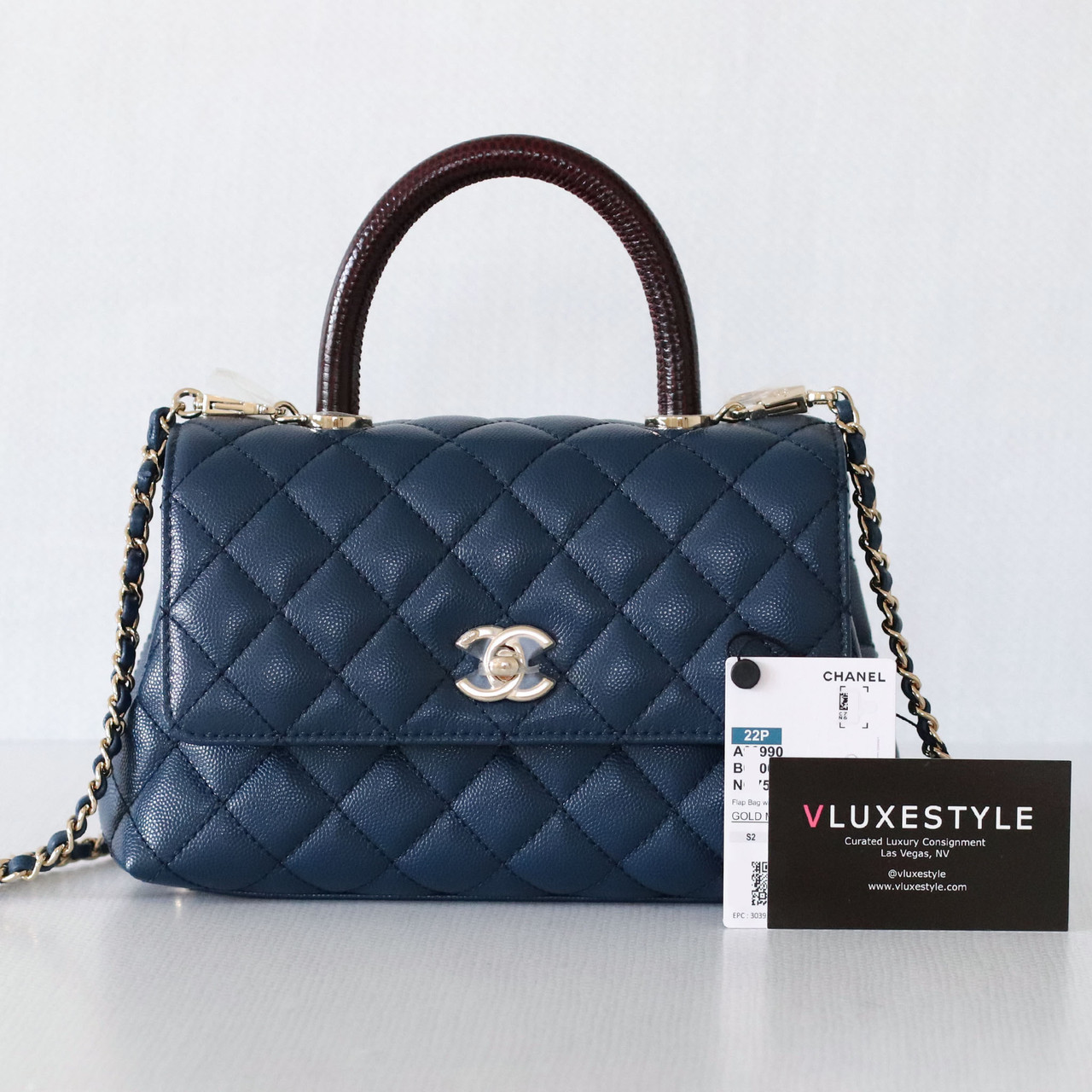 Chanel Mini/Small Coco Handle 22P Navy Quilted Caviar with Lizard