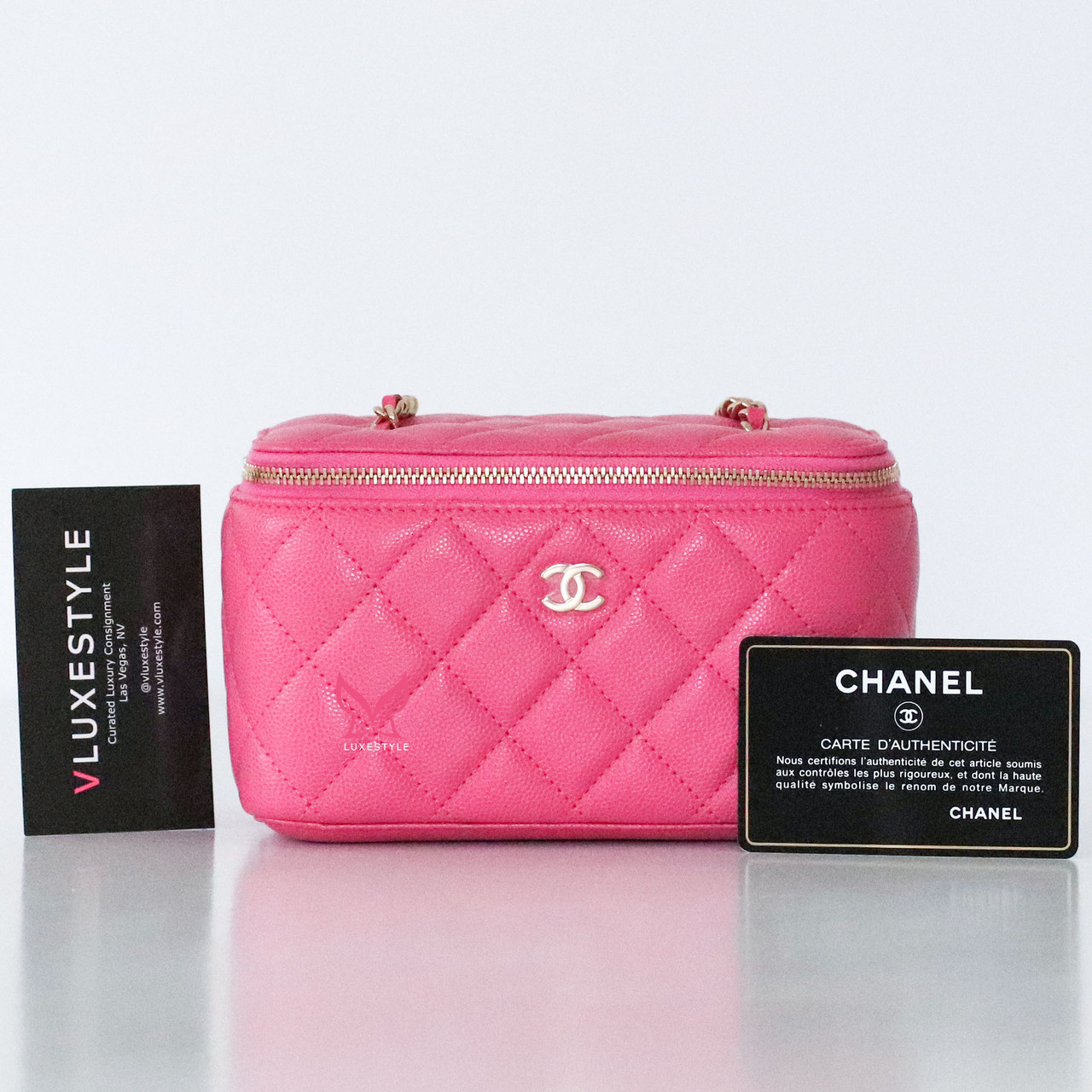 Chanel Vanity Case 20S Pink Quilted Caviar with light gold hardware