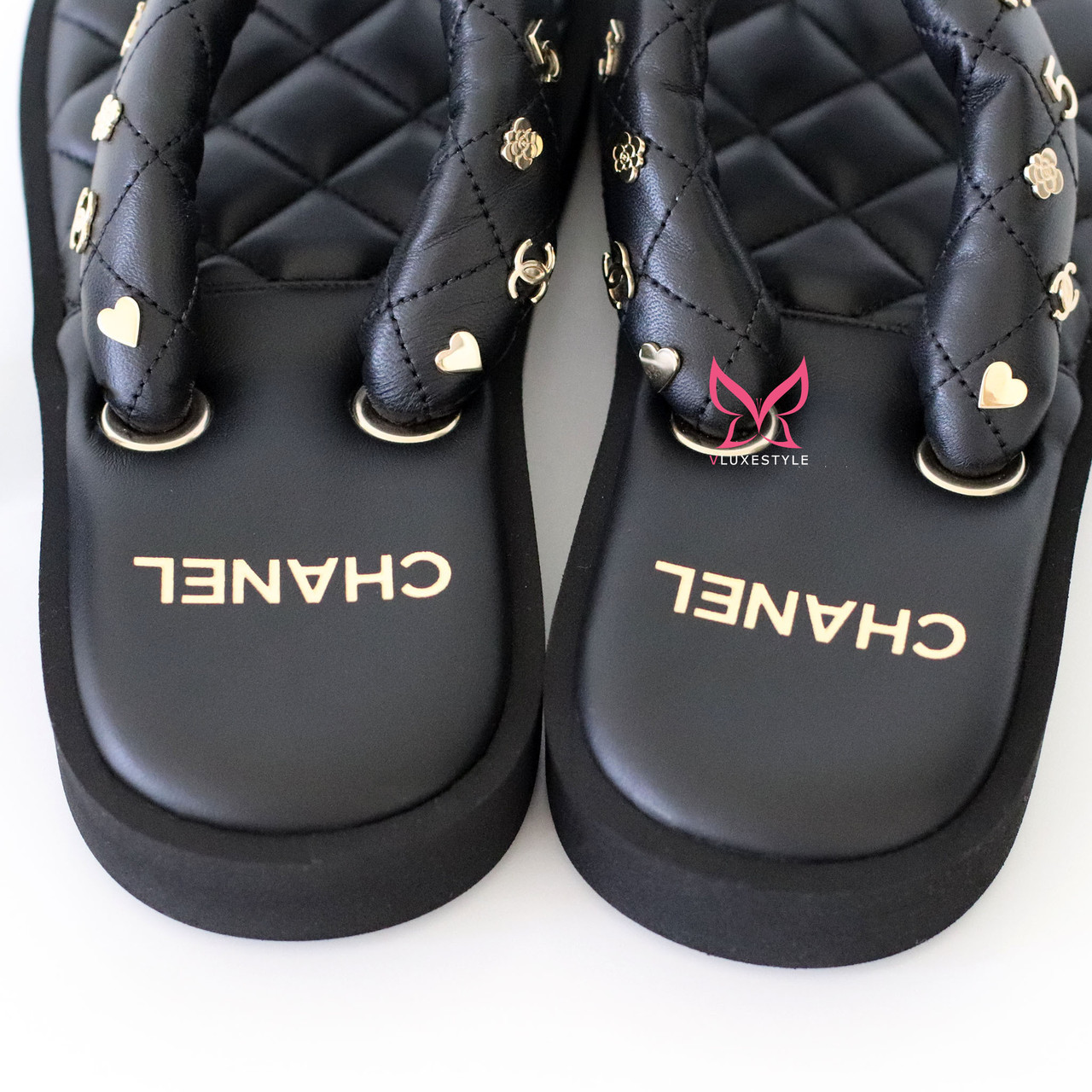 Chanel 23P Black Quilted Charms Thong Sandals