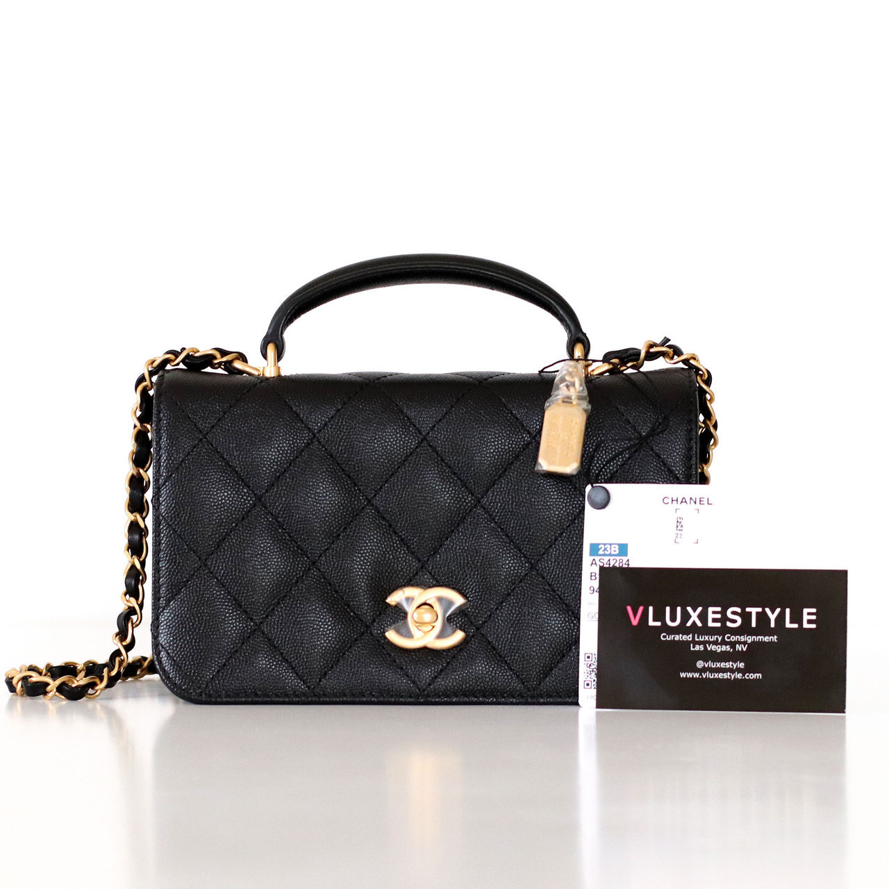 CHANEL 楽1番 Chanel Mini Top Handle 23B Black Quilted Caviar Brushed Gold Hardware