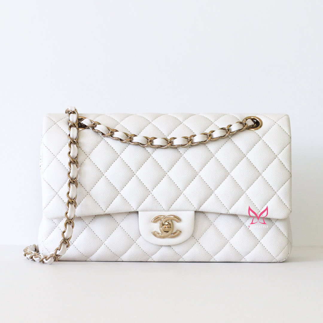 Chanel Classic Medium Flap 19B White Quilted Caviar Light Gold