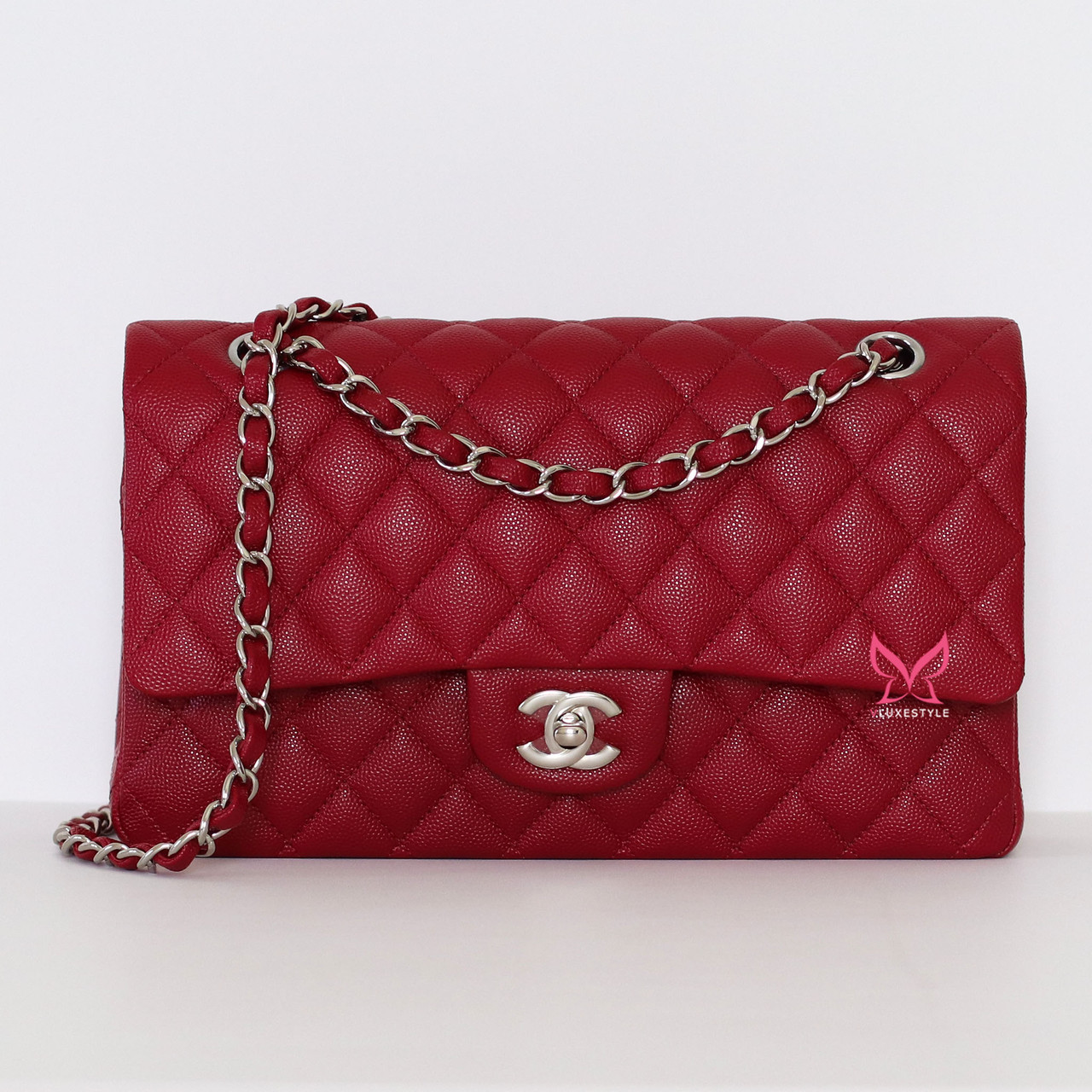 Chanel Classic Medium Flap 17B Red Quilted Caviar Silver Hardware