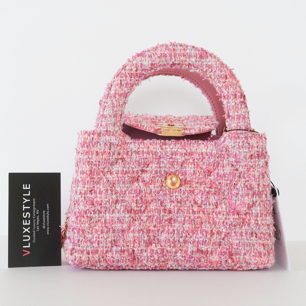 Chanel Nano Kelly 24P Pink & Ecru Tweed Brushed Gold Hardware