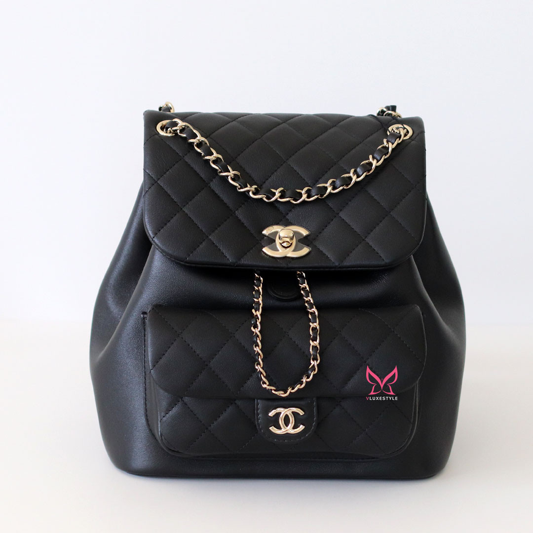 Chanel 24P Medium Duma Backpack Black Calfskin Light Gold Hardware