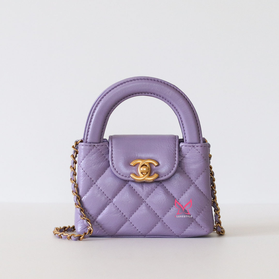 Chanel 24P Mini Nano Kelly Purple Quilted Calfskin Brushed Gold