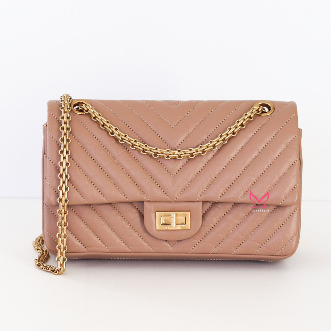 Reissue 225 Double Flap 16A Dark Beige Aged Chevron Brushed Gold