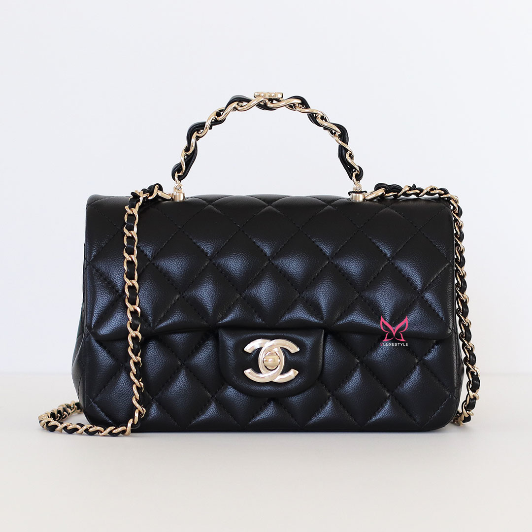 Classic Mini Rectangular Flap Top Handle 23K Black Quilted