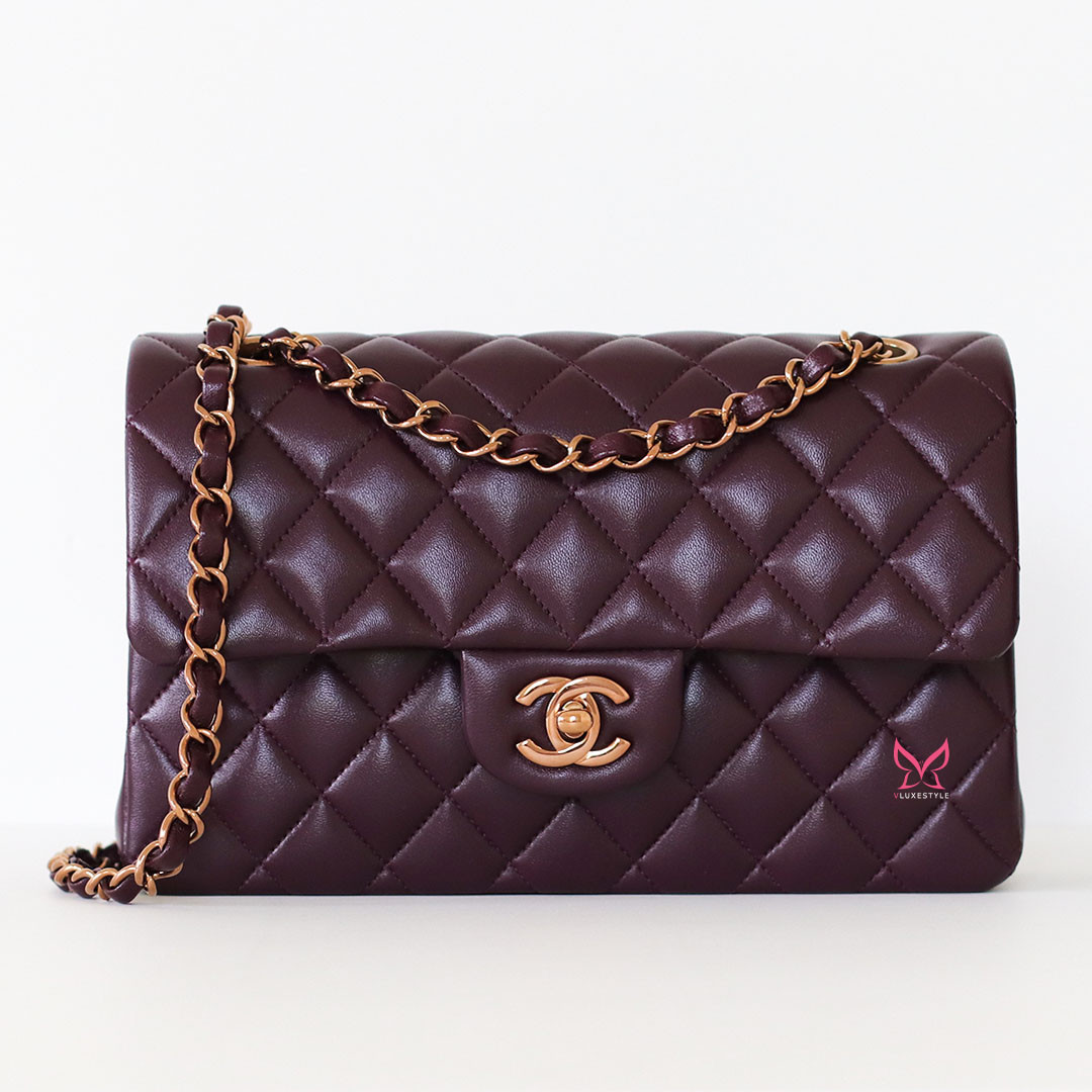 Classic Small Flap 24B Burgundy Quilted Lambskin Rose Gold Hardware