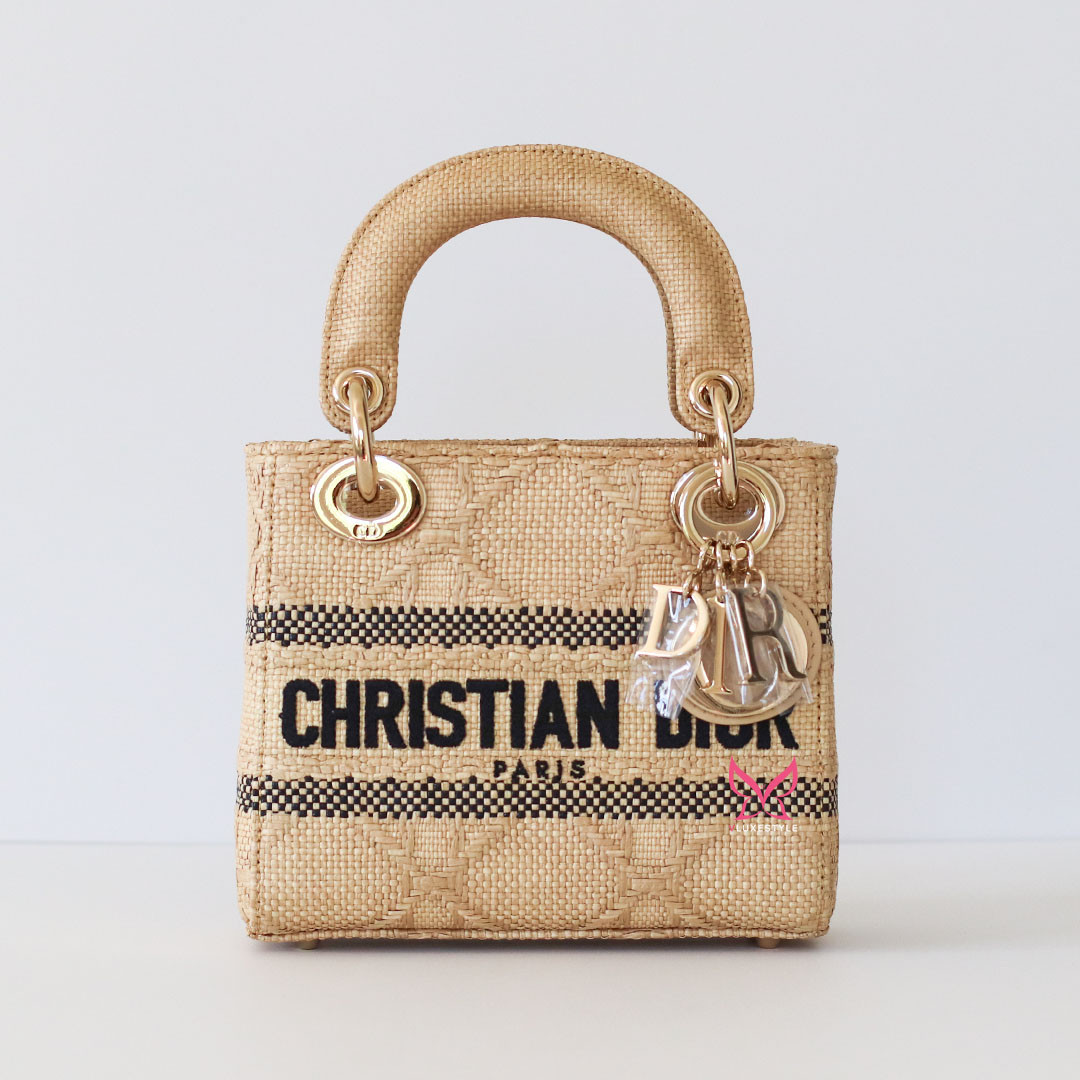 Mini Lady Dior D-Lite Raffia Effect Cannage Pale Gold Hardware