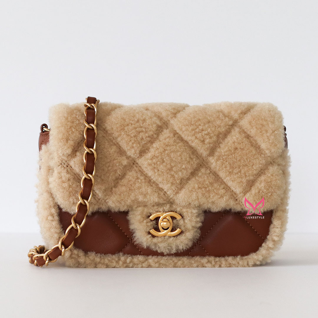 Mini Flap 24K Shearling Brown Lambskin Brushed Gold Hardware