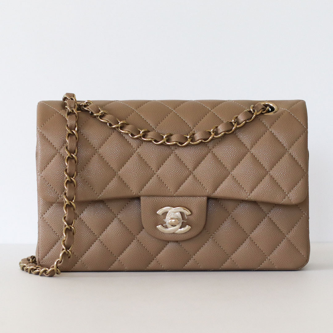 Classic Small Flap 22A Dark Beige Quilted Caviar Light Gold Hardware