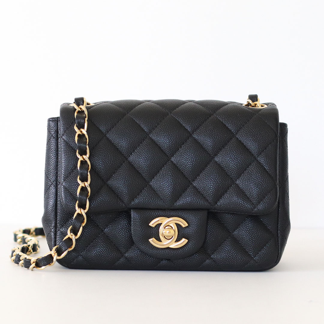 Classic Mini Square Flap 18B Black Quilted Caviar Light Gold Hardware