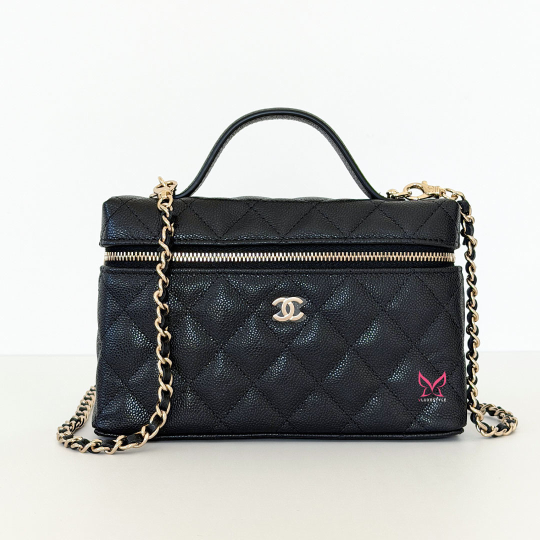 Vanity Top Handle Bag with Chain 26C Black Quilted Caviar Light