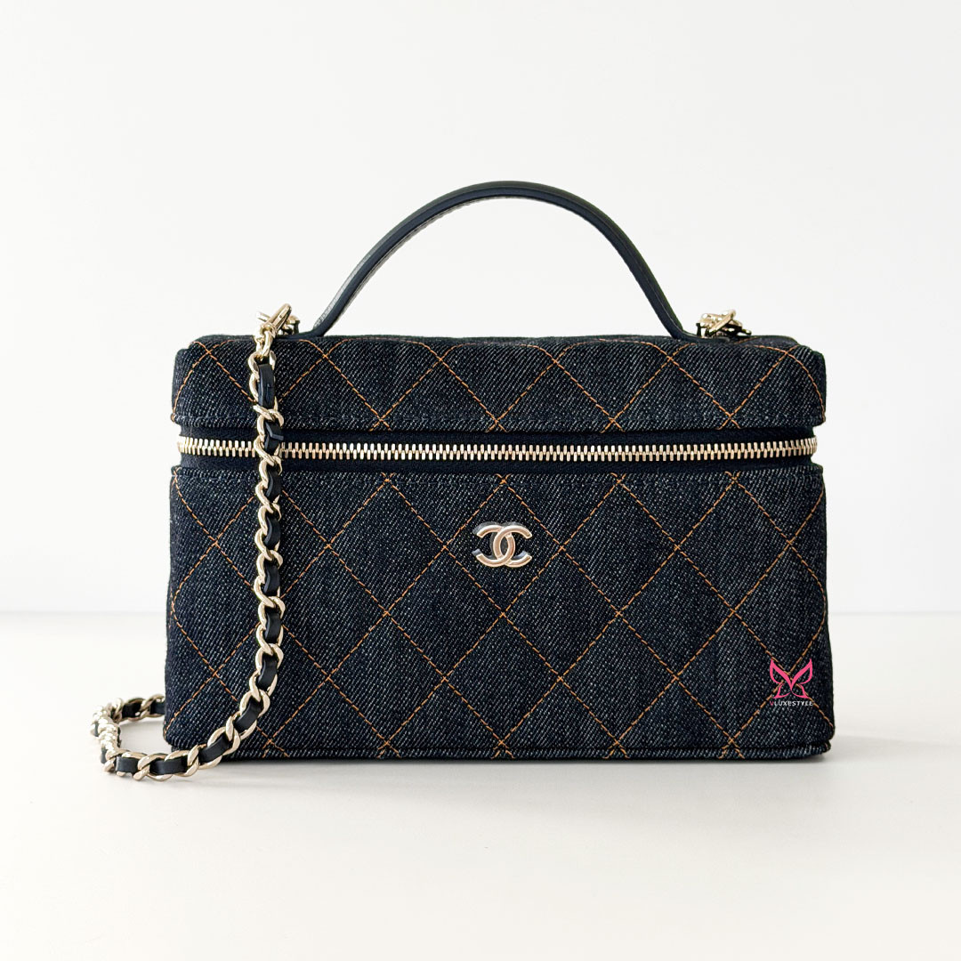 Vanity Top Handle Bag with Chain 26C Denim Quilted Caviar Light