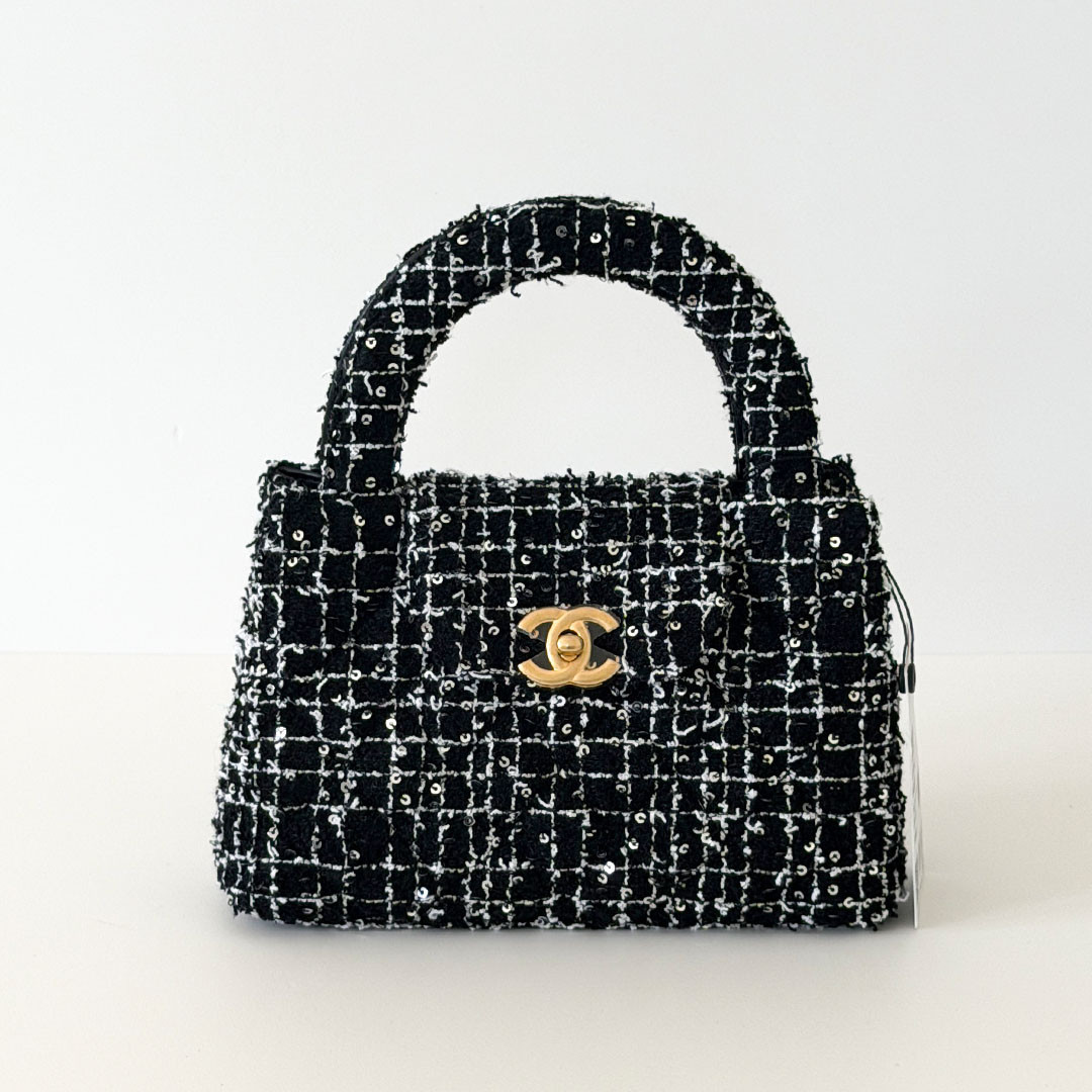 Kelly Top Handle 24P Black White Tweed Gold Hardware