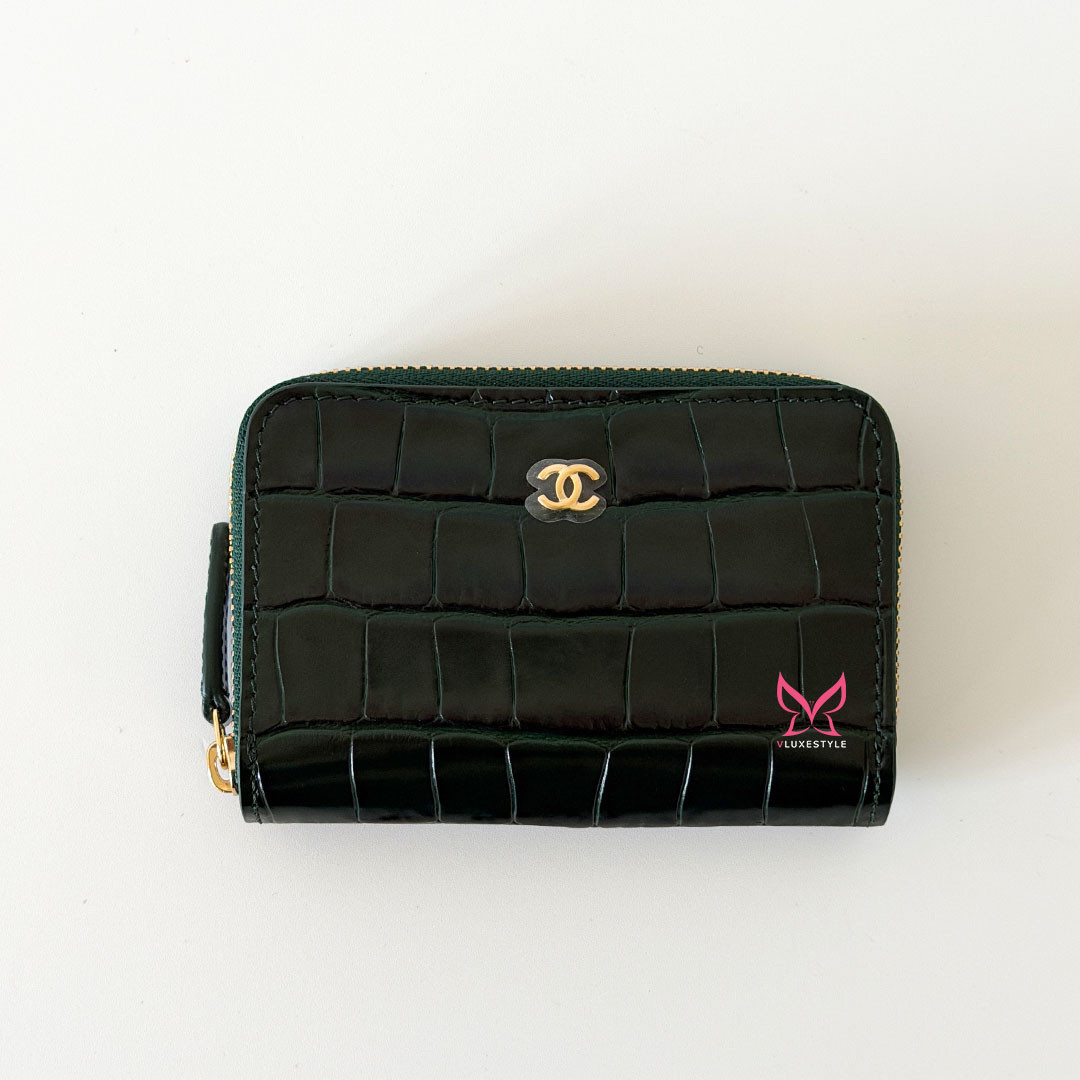 Zip Coin Purse Card Holder 26S Dark Green Crocodile Embossed Calfskin