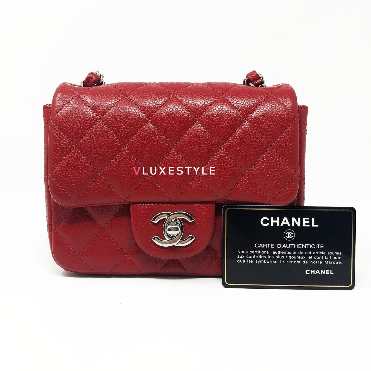Chanel 14C Red Mini Square Caviar with silver hardware