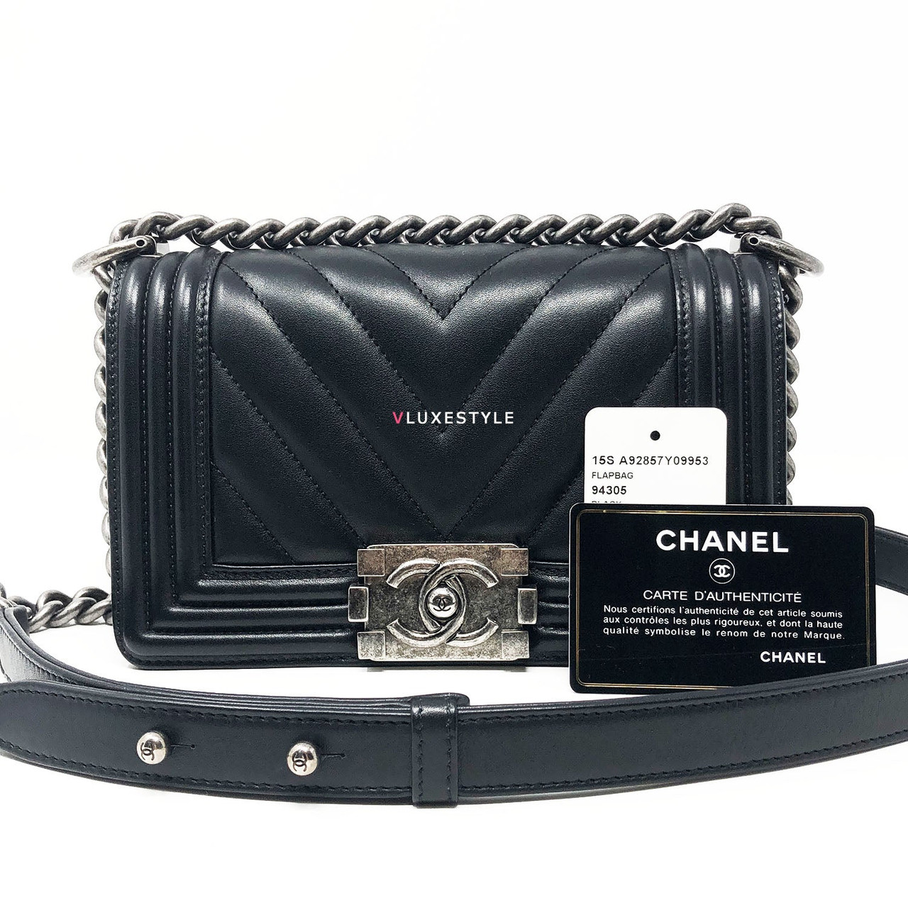 Chanel 15S Small Le Boy Black Chevron Calfskin with ruthenium hardware